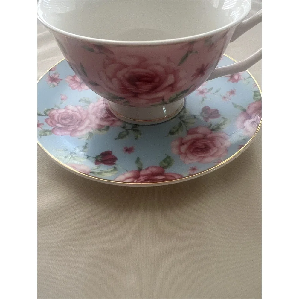 Brew To A Tea BTAT Mug Cup and Saucer Floral Garden Mint  Pink Porcelain Fine Ch